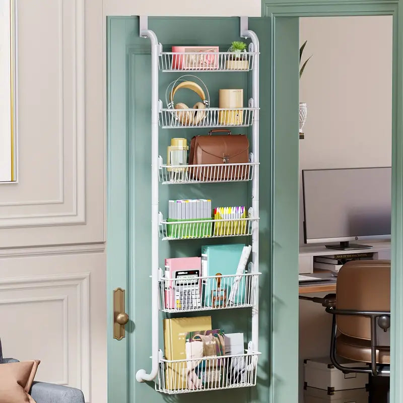 White Multi-Layer Metal Hanging Storage Basket - Over the Door Organizer with 6 Tiers