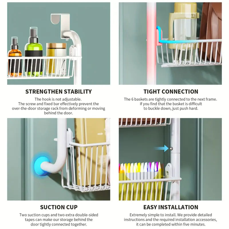 White Multi-Layer Metal Hanging Storage Basket - Over the Door Organizer with 6 Tiers