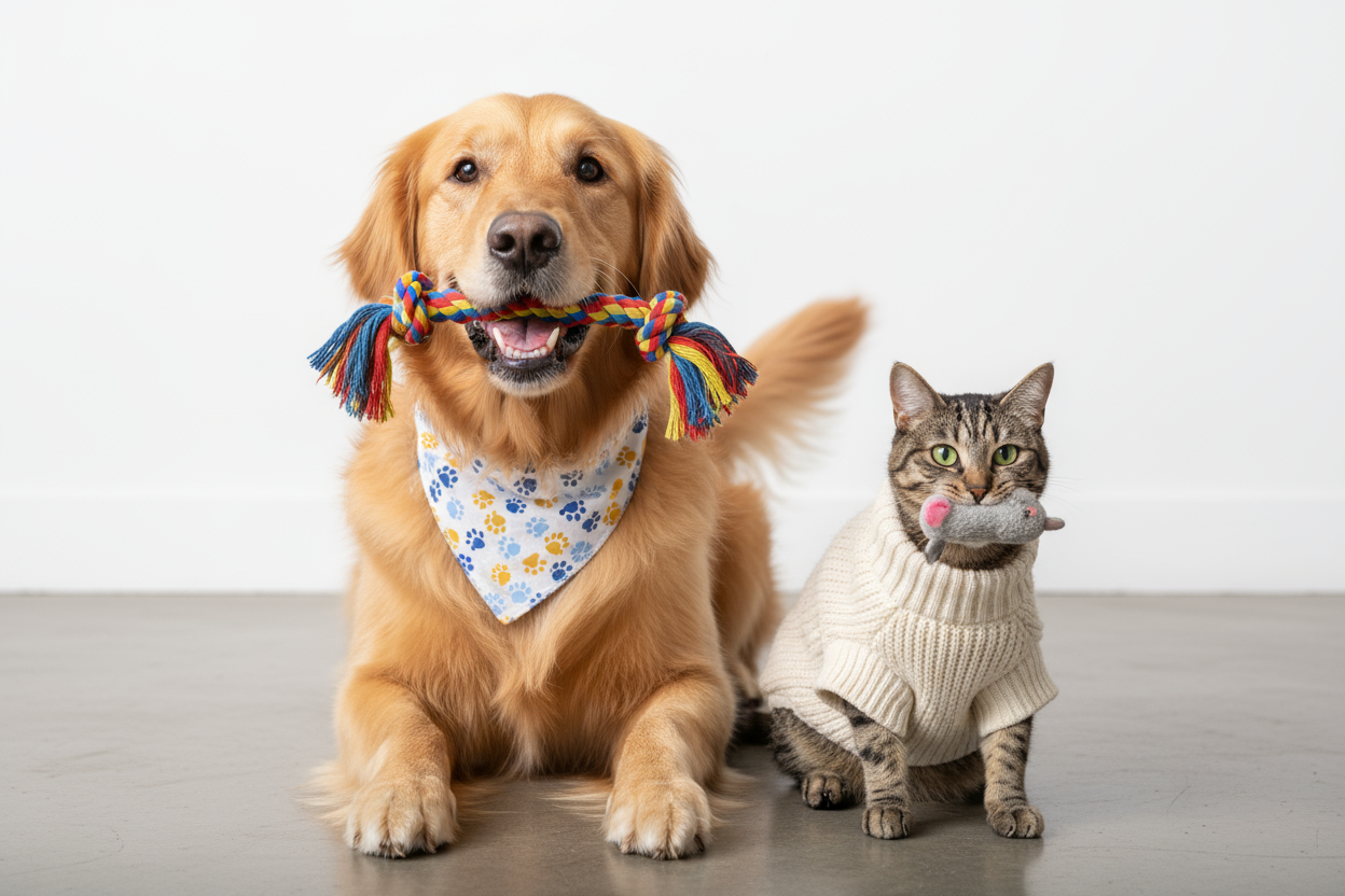cat and dog wearing clothes and toys in their mouths