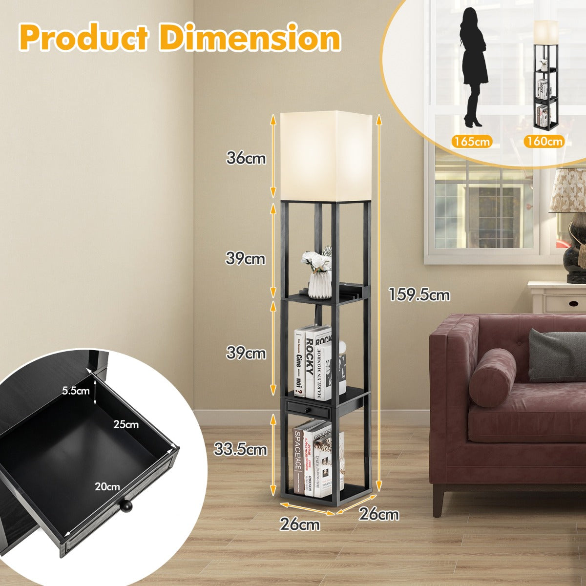 NNECW Modern Shelf Floor Lamp with 1 Drawer & 1 USB Port