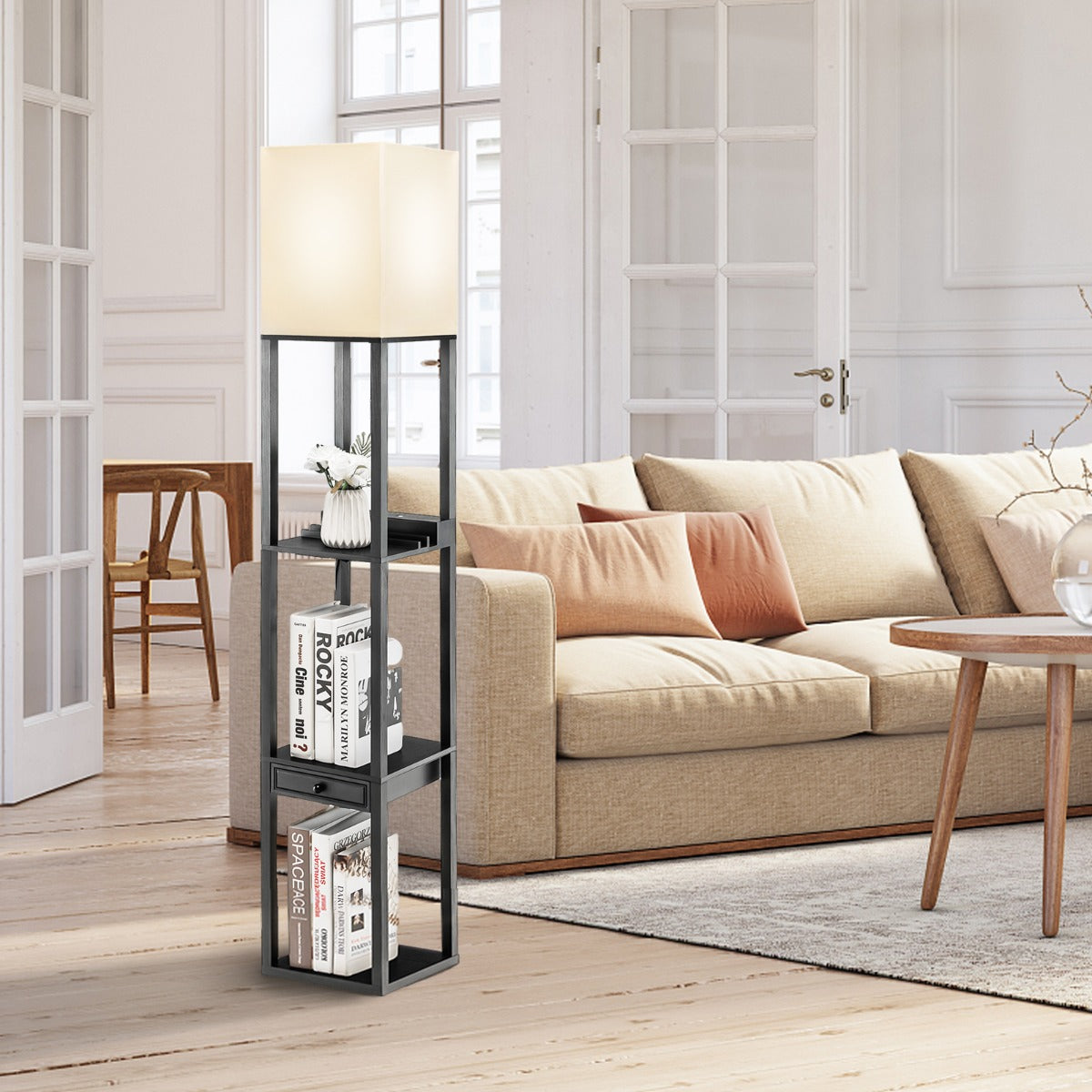 NNECW Modern Shelf Floor Lamp with 1 Drawer & 1 USB Port