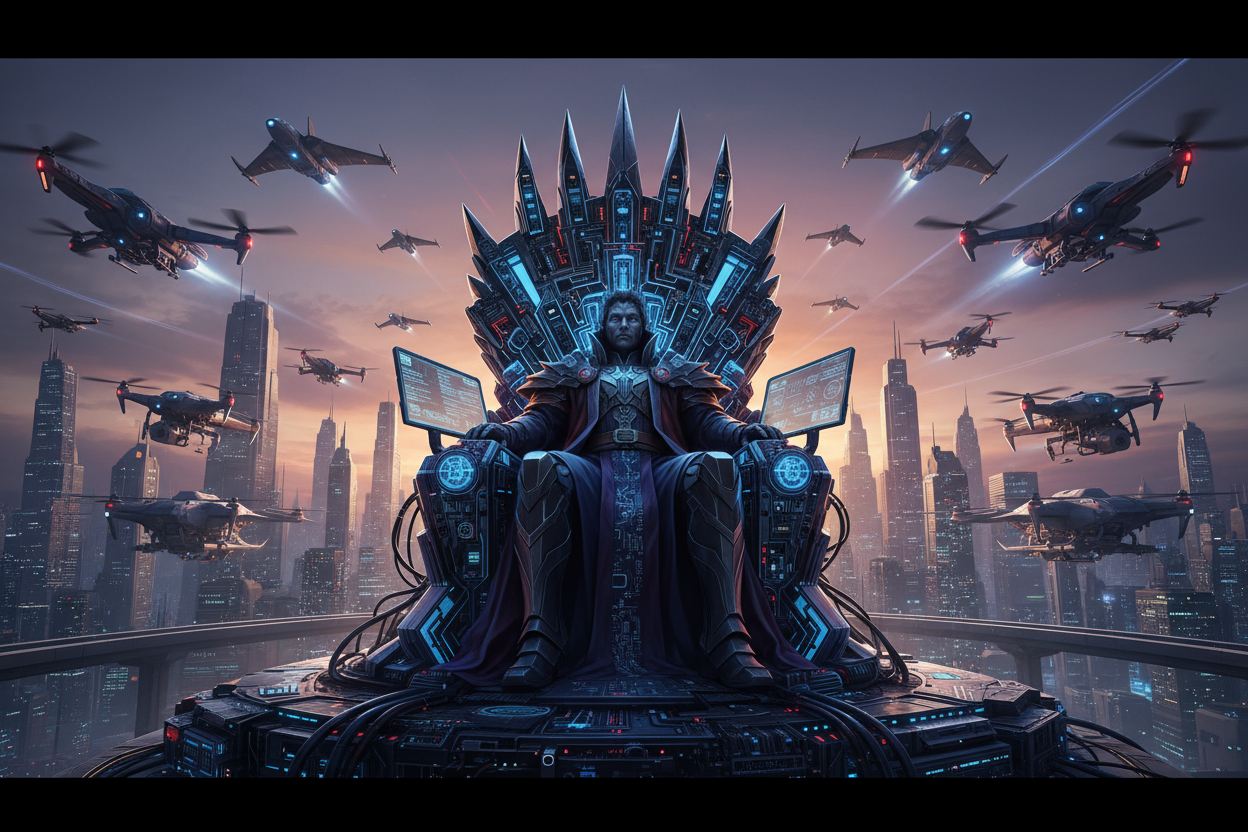 guy sit in a throne made with tegnology, and drones, console controls and fighter plane on the sky